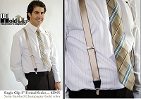 Satin finished champagne golden tan Holdup suspenders look great with a dress shirt at work or play