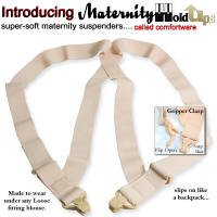 Soft simple to use Maternity Suspenders designed to slip on like a backpack from Holdup Suspender Company are made in the USA