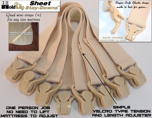 4 pack QUAD Sheet Stay-Downs are designed to hold across the corners of any size fitted sheet