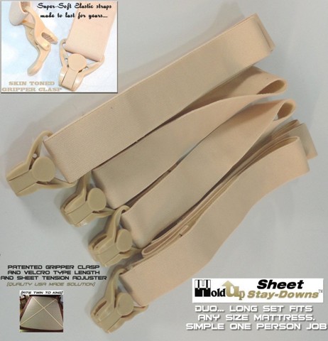 Get the extra long USA made sheet suspender strap with the patented plastic Gripper clasp made by Holdup Suspender Co. 