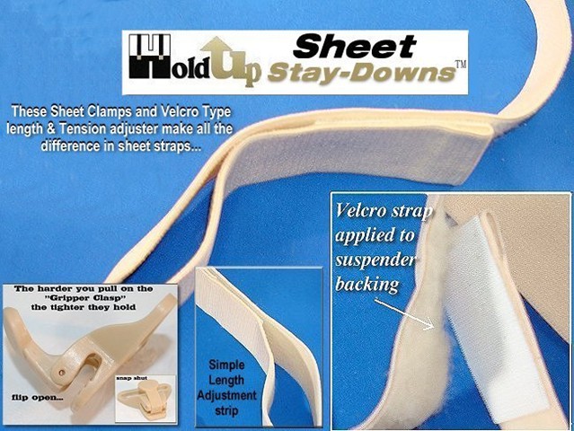 Velcro type length and tension adjustment system is built rigth into the Stay-Down bedding straps