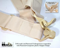 Patent light beige Gripper Clasps are made to attach and hold tight to any thickness of waistbant material